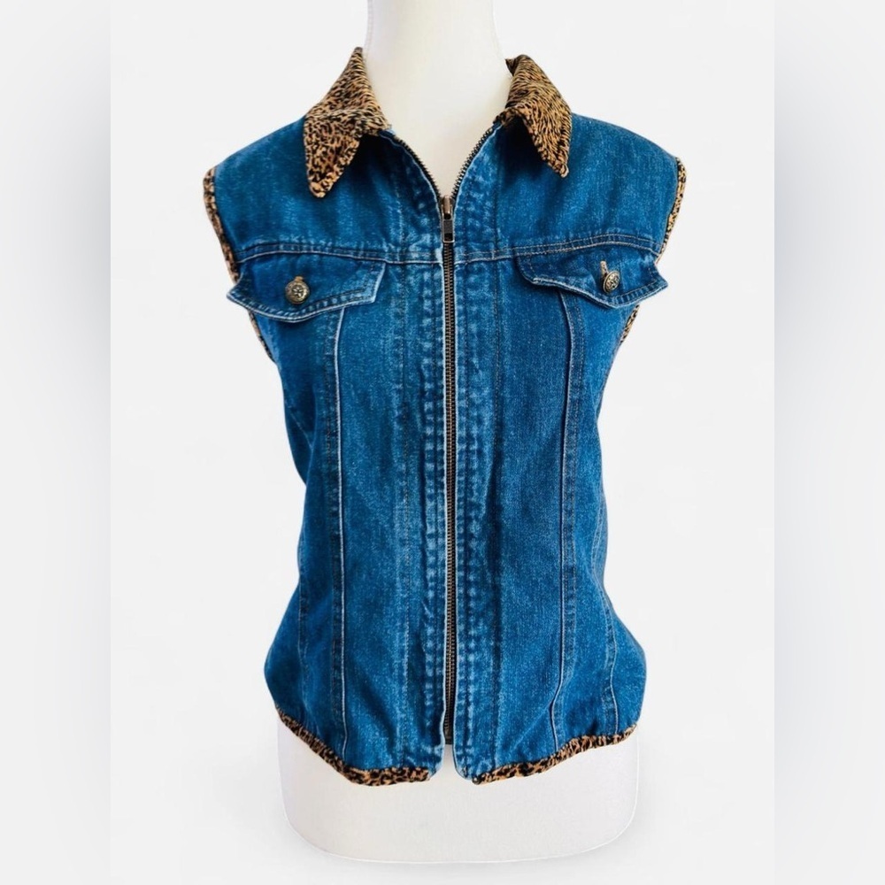 Vintage Central Falls Denim Zip Vest Leopard Trim Size Small